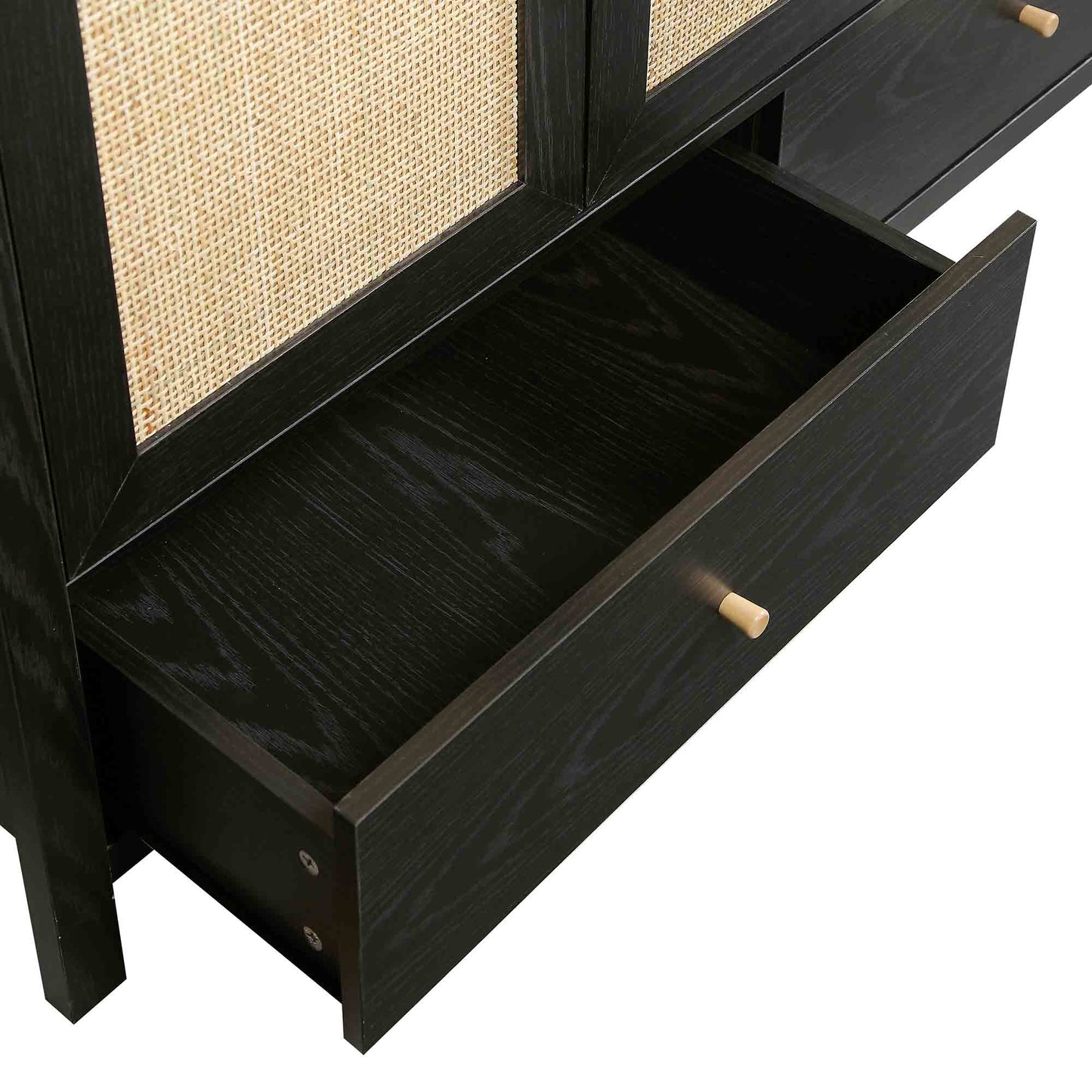 Armoire triple en rotin Frances avec 2 tiroirs, noire