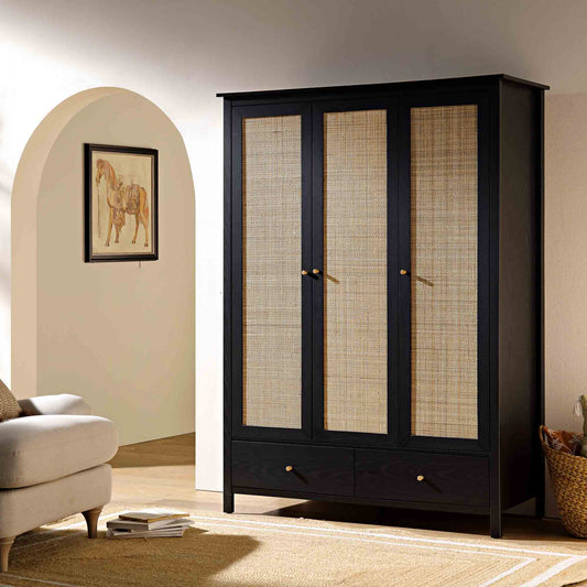 Armoire triple en rotin Frances avec 2 tiroirs, noire