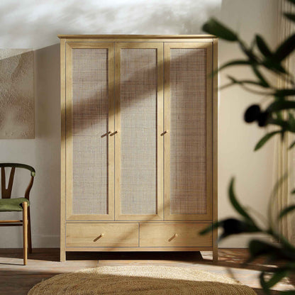 Armoire triple en rotin Frances avec 2 tiroirs, naturel