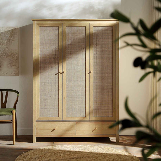 Armoire triple en rotin Frances avec 2 tiroirs, naturel