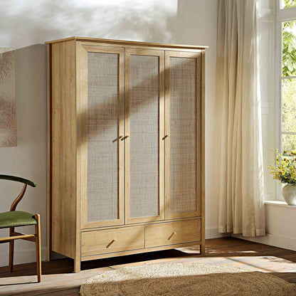 Armoire triple en rotin Frances avec 2 tiroirs, naturel