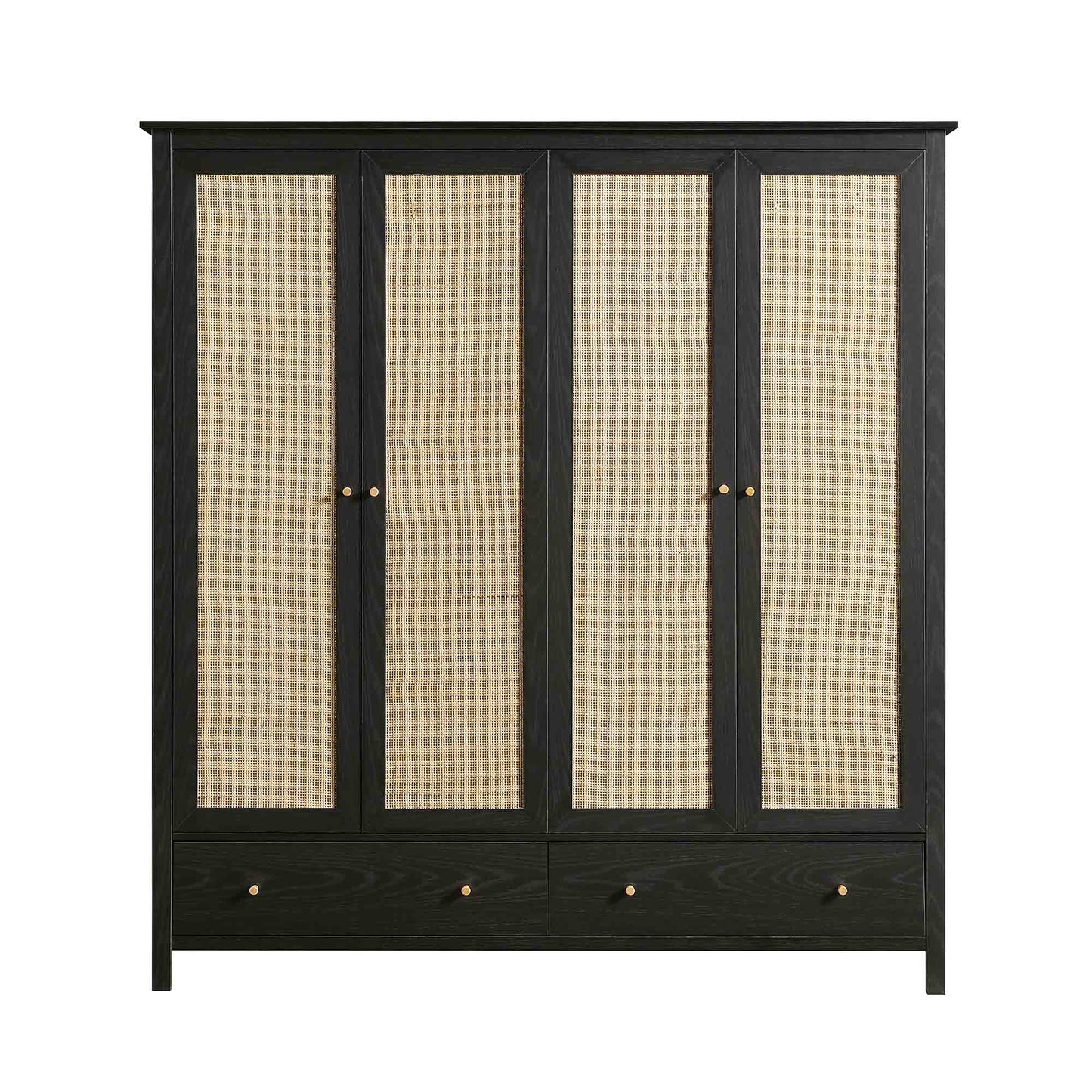 Armoire en rotin Frances à 4 portes et 2 tiroirs, noire