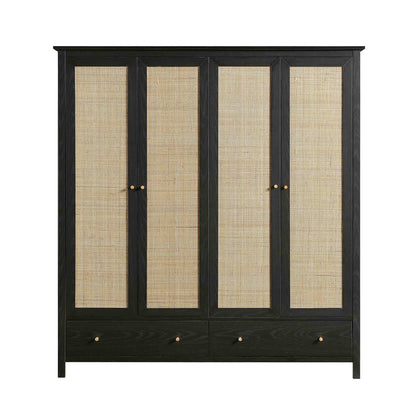 Armoire en rotin Frances à 4 portes et 2 tiroirs, noire