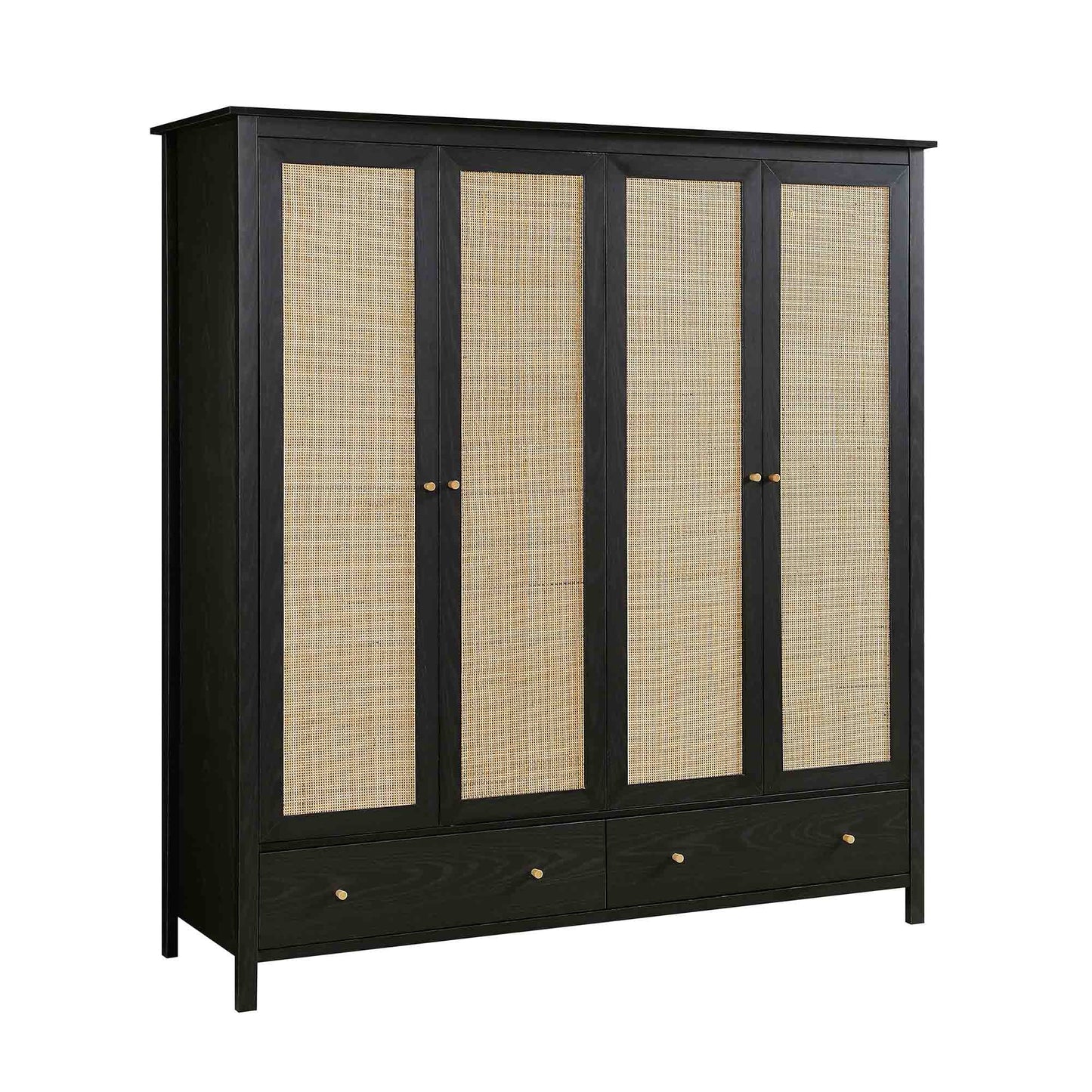 Armoire en rotin Frances à 4 portes et 2 tiroirs, noire