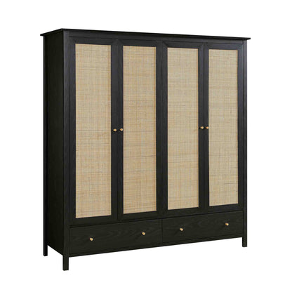 Armoire en rotin Frances à 4 portes et 2 tiroirs, noire