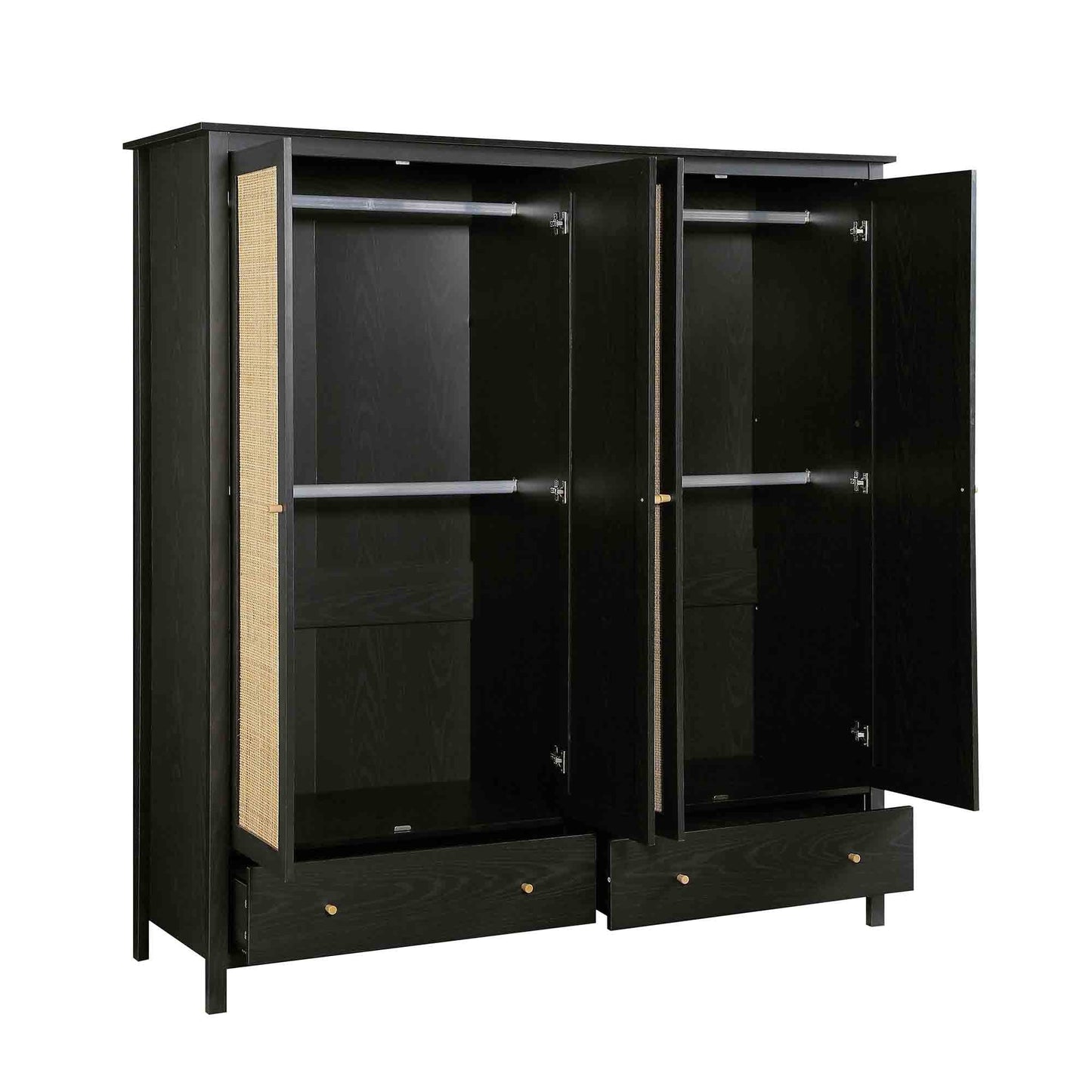 Armoire en rotin Frances à 4 portes et 2 tiroirs, noire