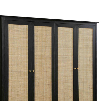 Armoire en rotin Frances à 4 portes et 2 tiroirs, noire