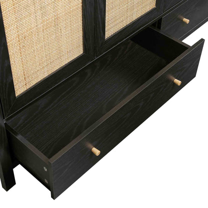 Armoire en rotin Frances à 4 portes et 2 tiroirs, noire