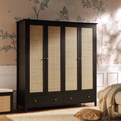 Armoire en rotin Frances à 4 portes et 2 tiroirs, noire