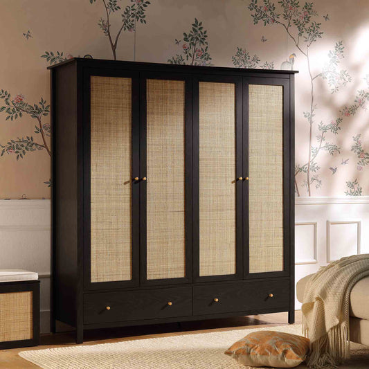 Armoire en rotin Frances à 4 portes et 2 tiroirs, noire