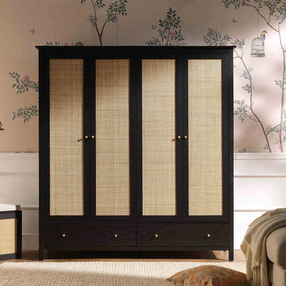 Armoire en rotin Frances à 4 portes et 2 tiroirs, noire