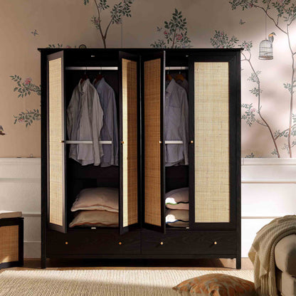 Armoire en rotin Frances à 4 portes et 2 tiroirs, noire