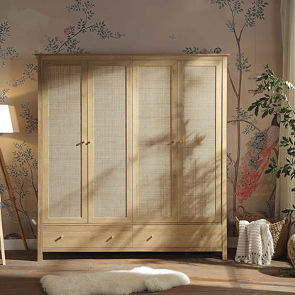 Armoire 4 portes en rotin Frances avec 2 tiroirs, naturel