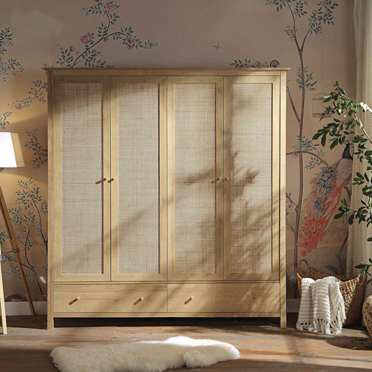 Armoire 4 portes en rotin Frances avec 2 tiroirs, naturel