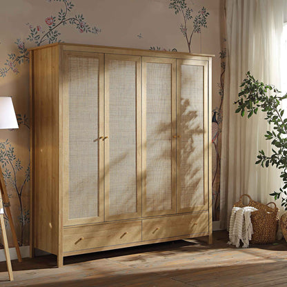 Armoire 4 portes en rotin Frances avec 2 tiroirs, naturel