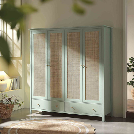 Armoire en rotin Frances à 4 portes et 2 tiroirs, menthe