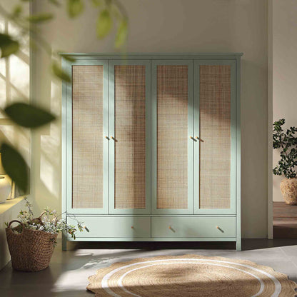 Armoire en rotin Frances à 4 portes et 2 tiroirs, menthe