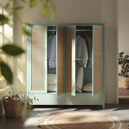 Armoire en rotin Frances à 4 portes et 2 tiroirs, menthe