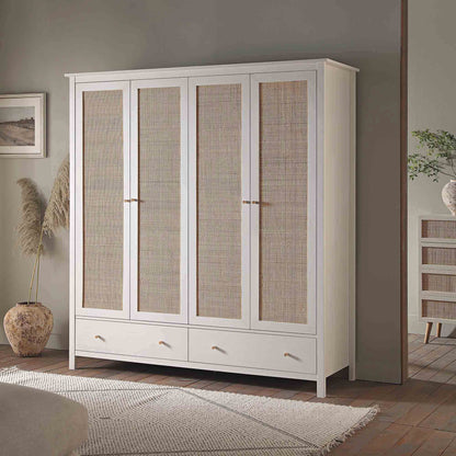 Armoire en rotin Frances à 4 portes et 2 tiroirs, blanche