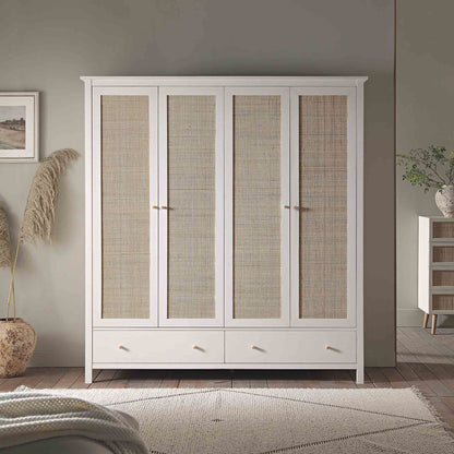 Armoire en rotin Frances à 4 portes et 2 tiroirs, blanche
