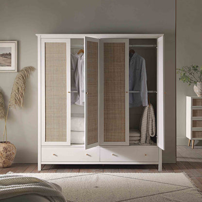 Armoire en rotin Frances à 4 portes et 2 tiroirs, blanche