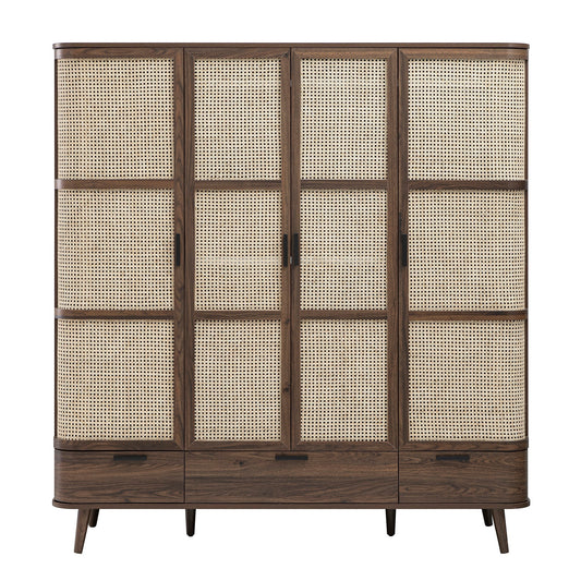 Armoire 4 portes en rotin courbé Izzy, noyer