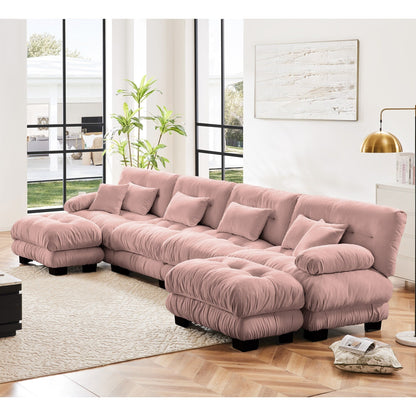 Canapé d'angle modulable 4 places en chenille, avec 2 poufs et un coussin, pour salon.