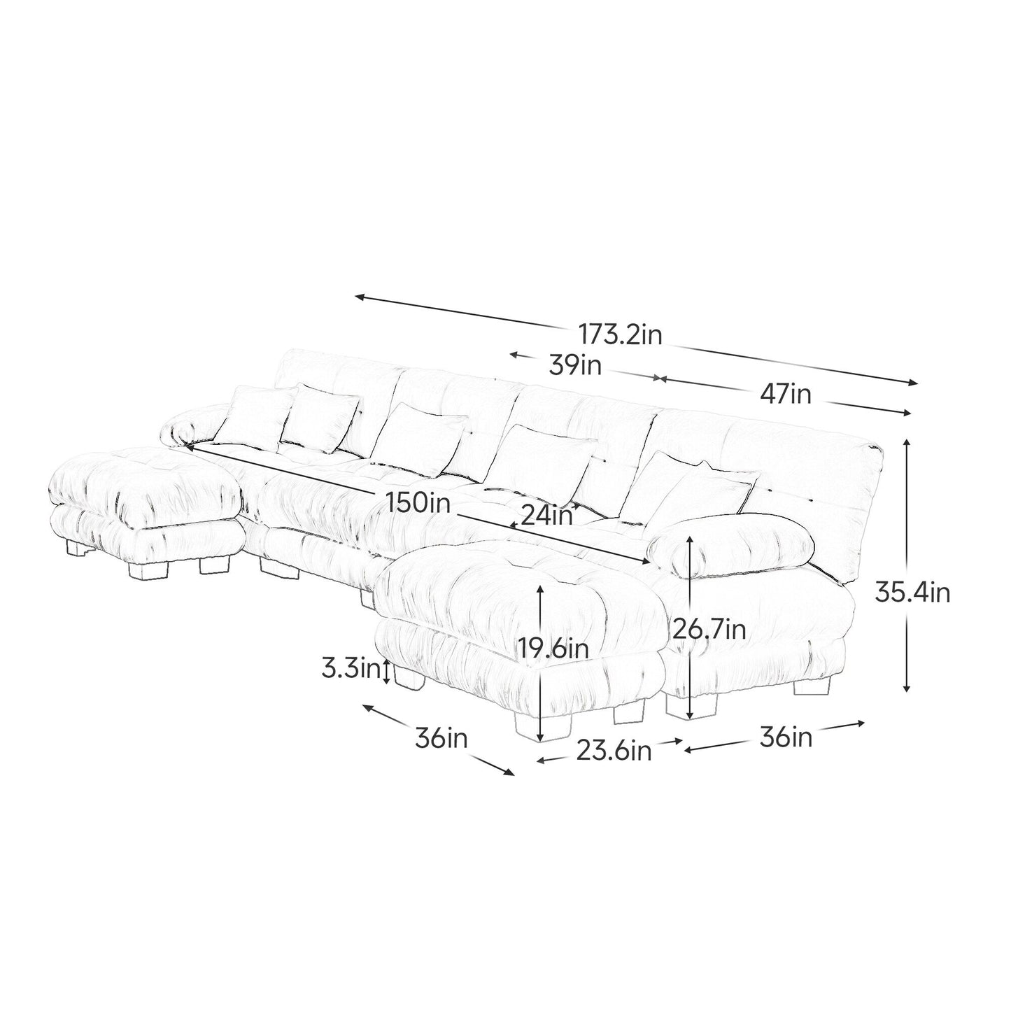 Canapé d'angle modulable 4 places en chenille, avec 2 poufs et un coussin, pour salon.
