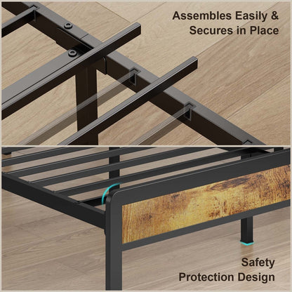 Cadre de lit plateforme en métal pour lits jumeaux, doubles, queen et king size, avec tête de lit rembourrée et rangement.