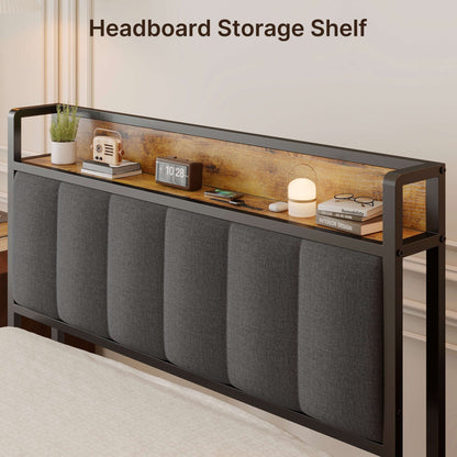 Cadre de lit plateforme en métal pour lits jumeaux, doubles, queen et king size, avec tête de lit rembourrée et rangement.