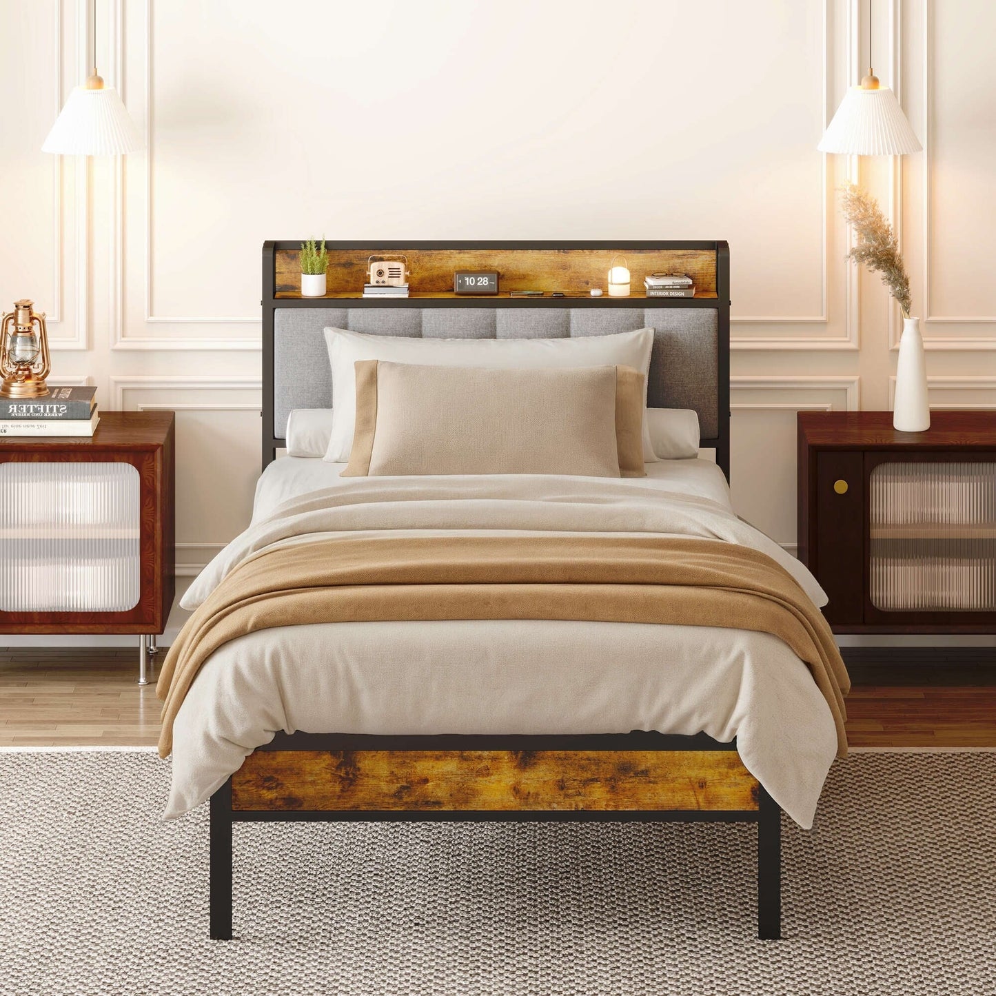 Cadre de lit plateforme en métal pour lits jumeaux, doubles, queen et king size, avec tête de lit rembourrée et rangement.