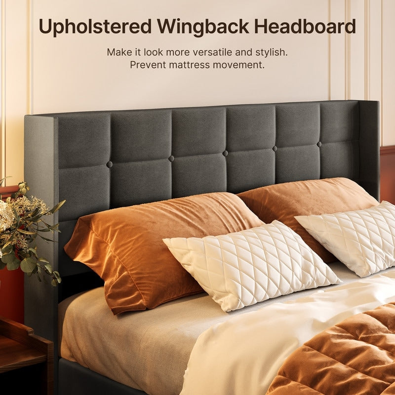 Cadre de lit coffre relevable, cadre de lit plateforme rembourré avec système de rangement hydraulique et tête de lit