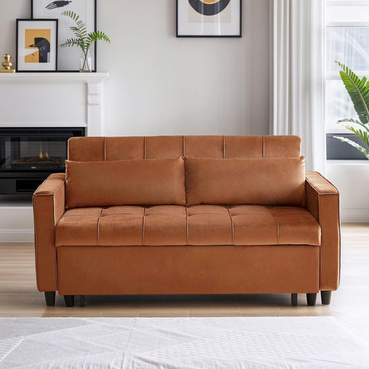 Canapé convertible en velours de 55 pouces, canapé futon 3 en 1 avec lit gigogne, table d'appoint à dossier réglable et 2 coussins lombaires.