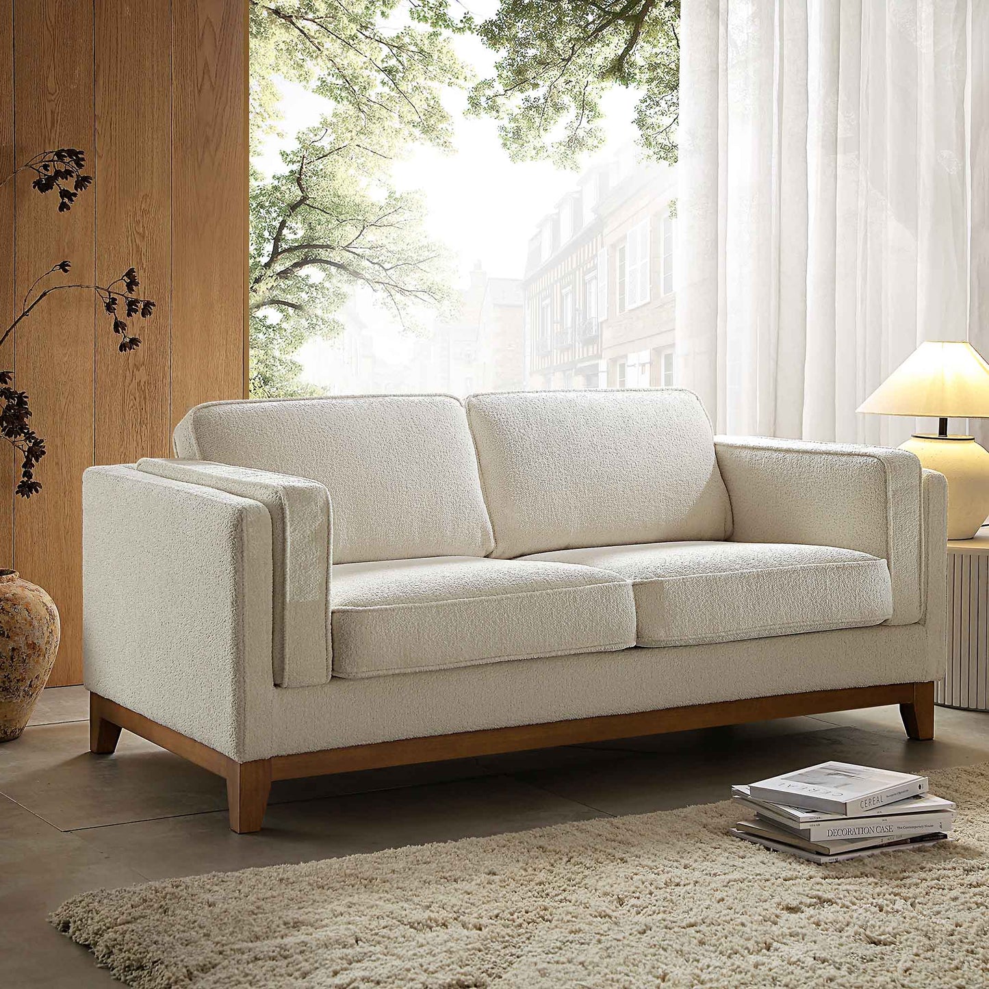 Canapé Dipley en tissu bouclé beige, 2 places