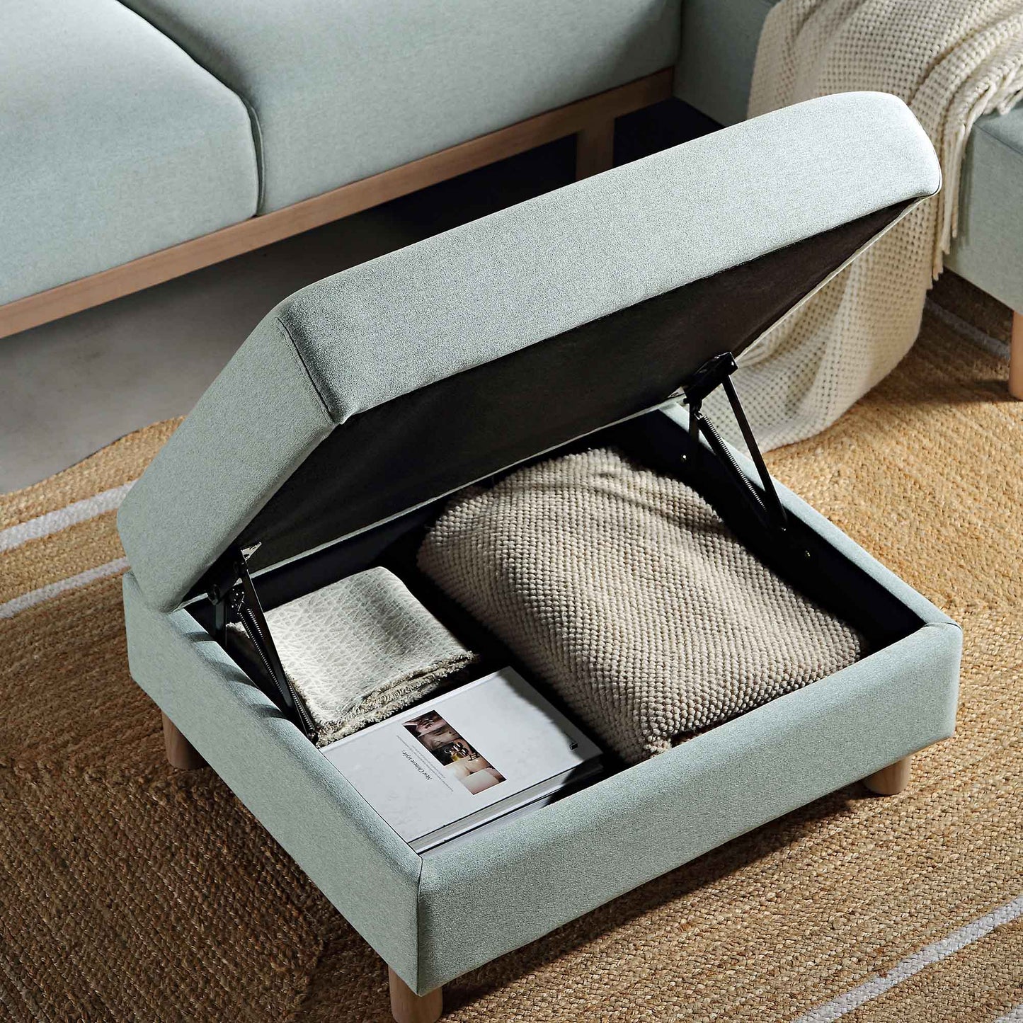 Pouf de rangement en tissu vert sauge Timber
