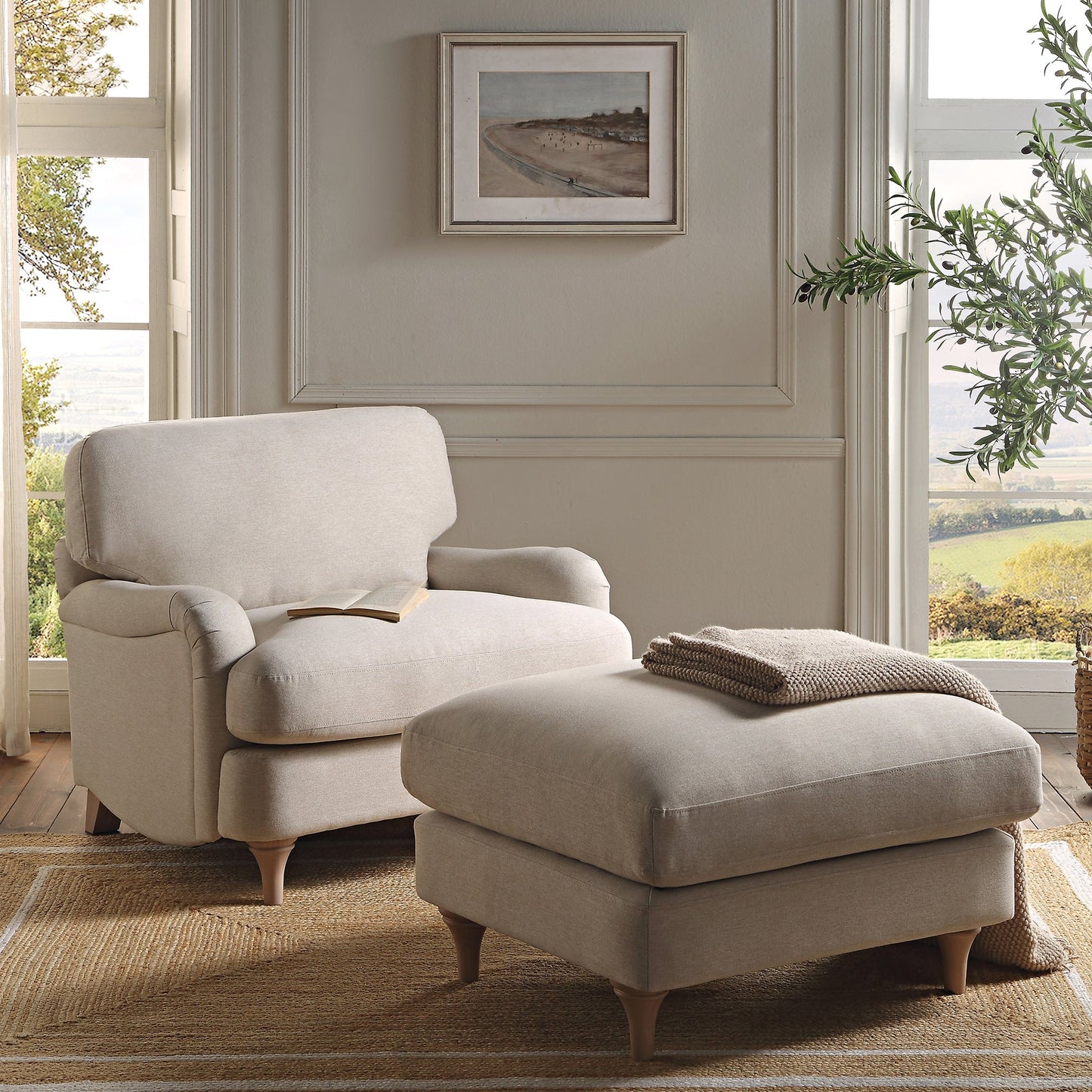 Canapé et repose-pieds en tissu Daphnis Oatmeal