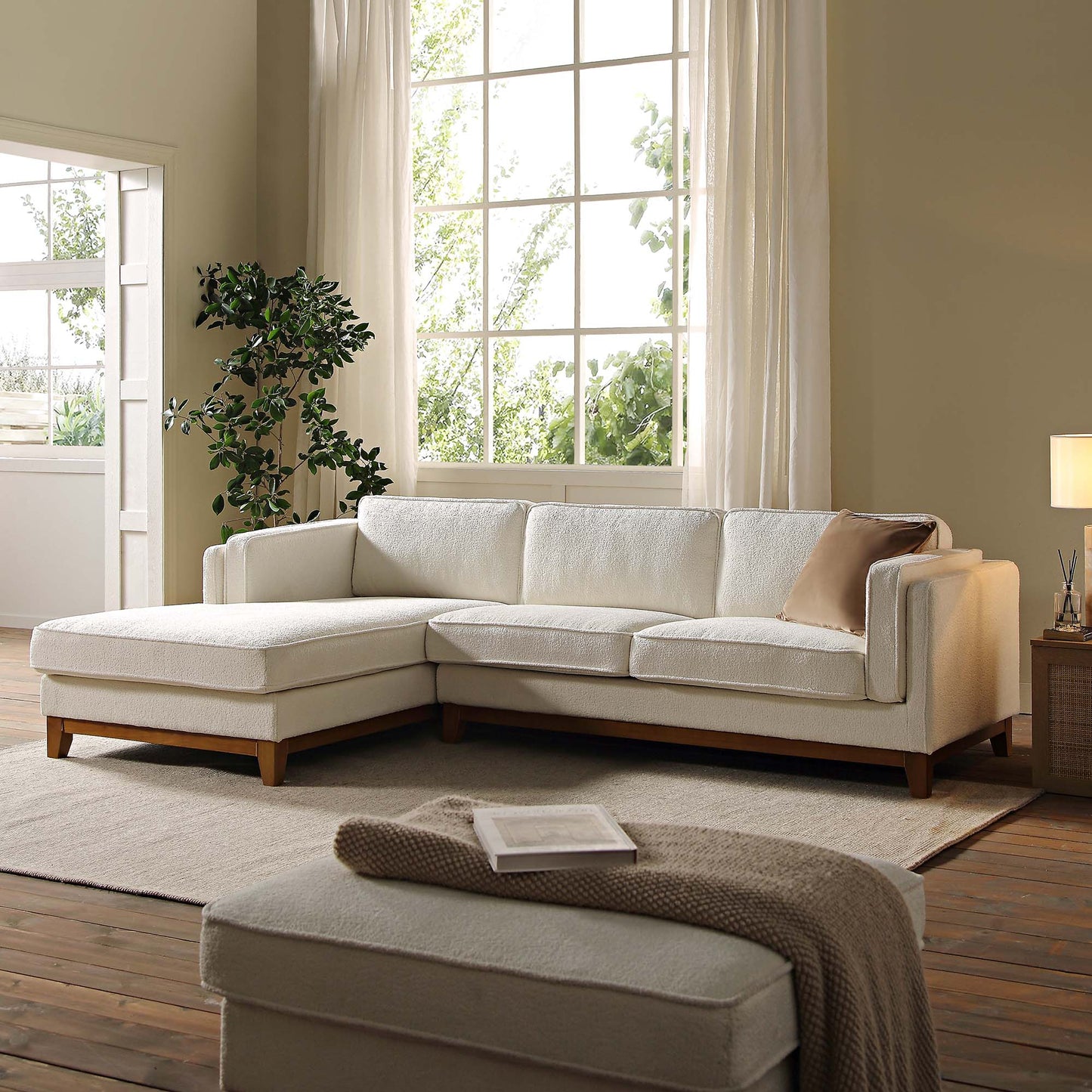 Canapé Dipley en tissu bouclé beige, canapé Grande Chaise, orientation gauche