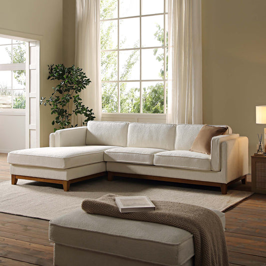 Canapé Dipley en tissu bouclé beige, canapé Grande Chaise, orientation gauche