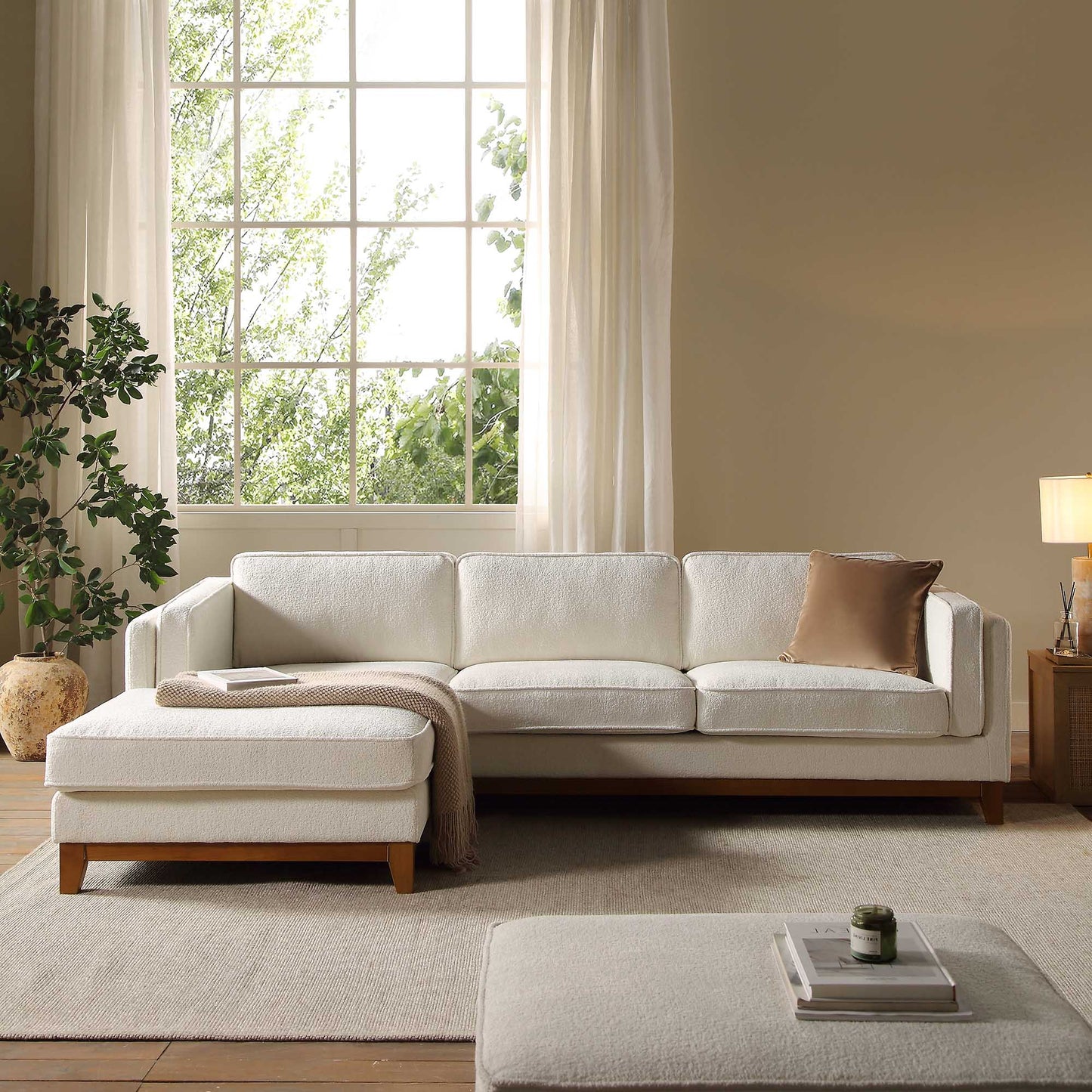 Canapé Dipley en tissu bouclé beige, canapé Grande Chaise, orientation gauche