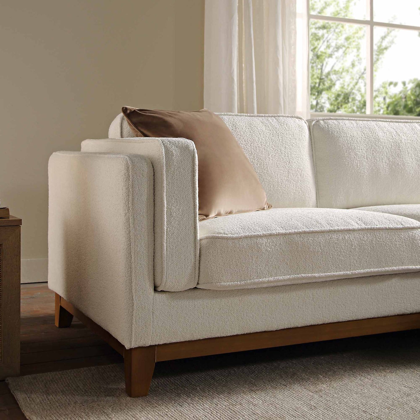 Canapé Dipley en tissu bouclé beige, canapé Grande Chaise, orientation droite