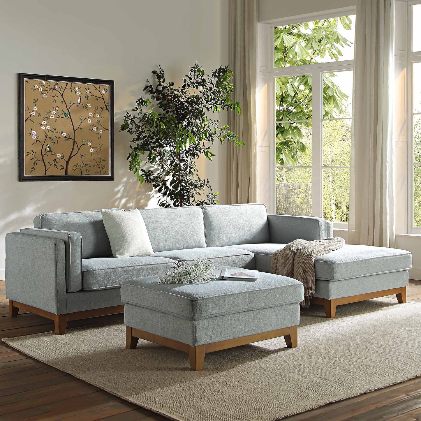 Canapé en tissu tissé Dipley Sage, canapé Grande Chaise longue orienté à droite