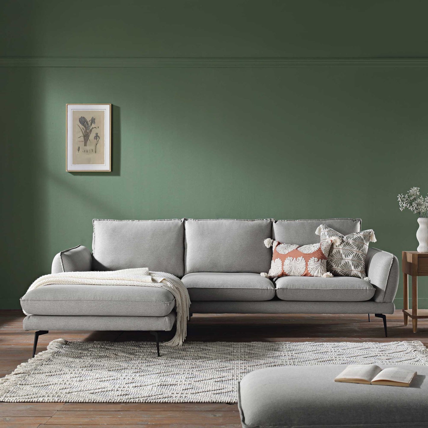 Canapé en tissu gris chiné Obriel, canapé Grande Chaise longue orienté à gauche