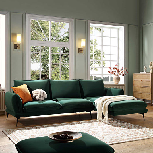 Canapé Obriel en velours vert forêt, Grande Chaise Longue orientée à droite