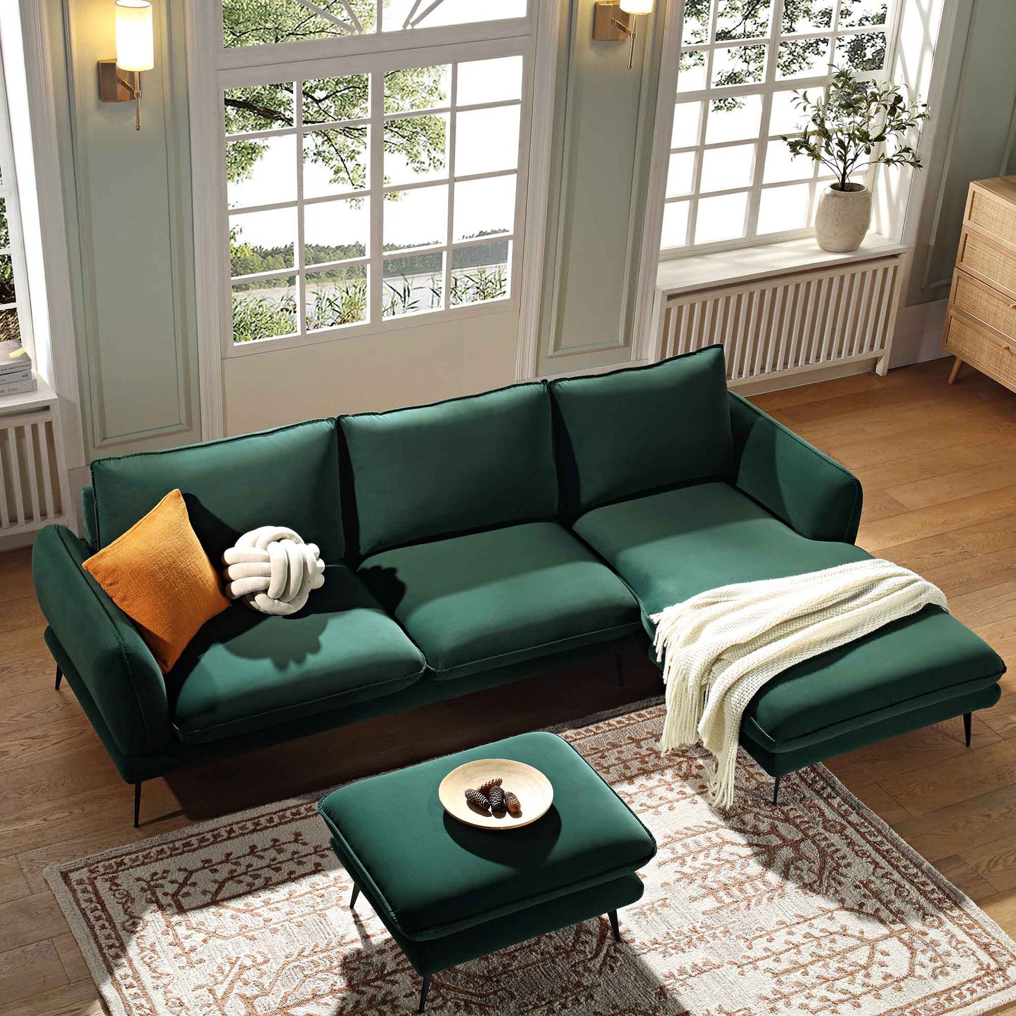 Canapé Obriel en velours vert forêt, Grande Chaise Longue orientée à droite