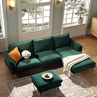 Canapé Obriel en velours vert forêt, Grande Chaise Longue orientée à droite