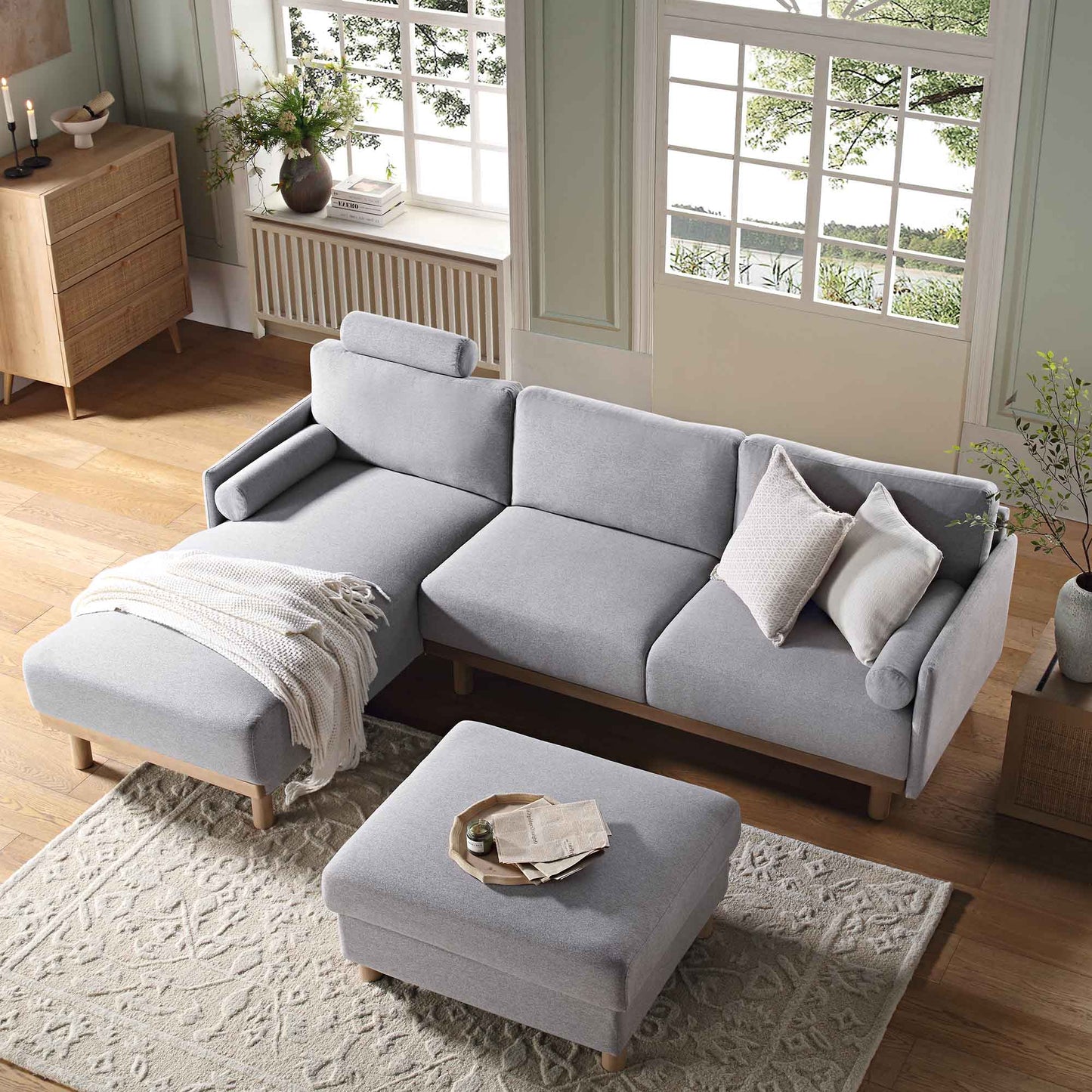 Canapé 3 places en tissu gris chiné, grand canapé méridienne orienté à gauche