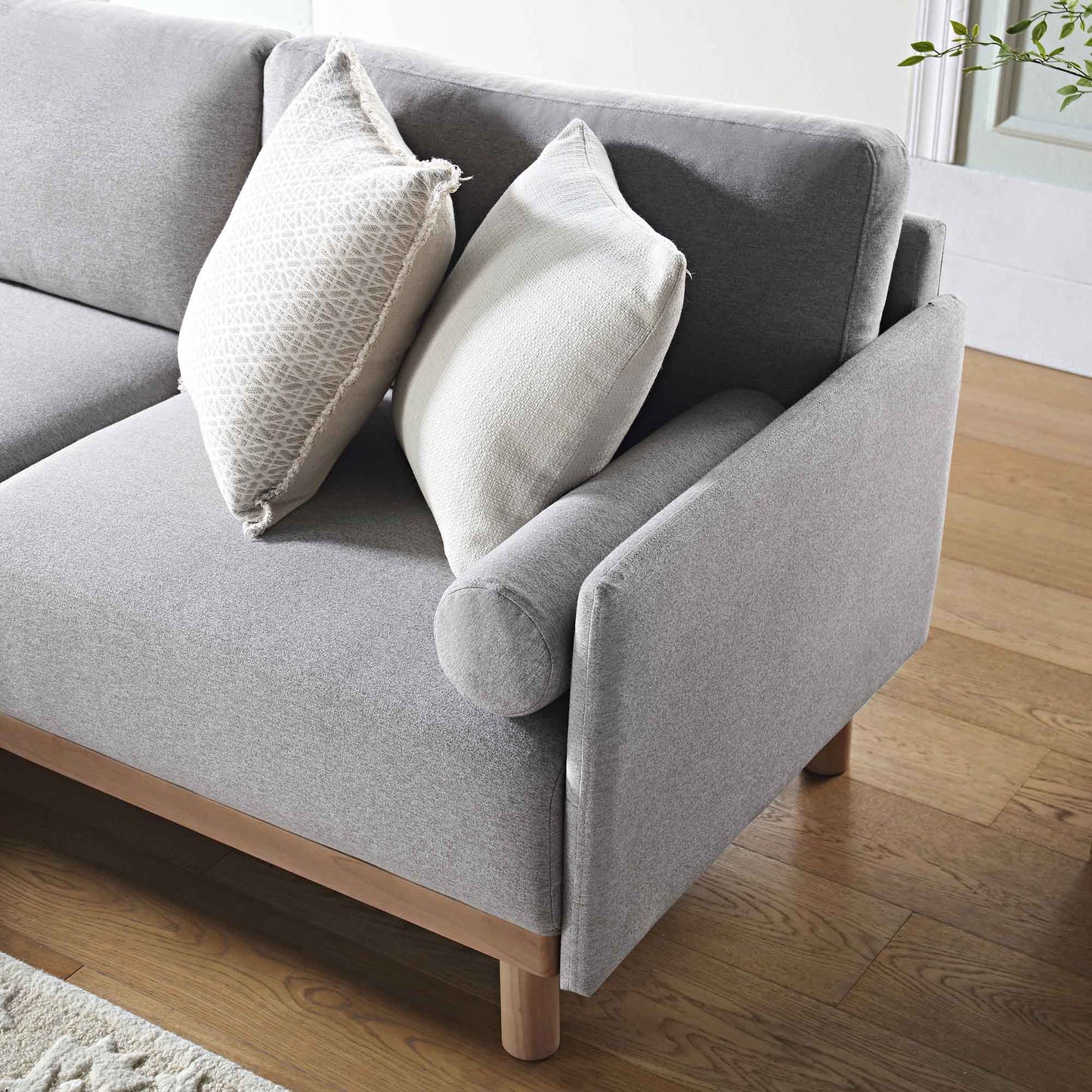 Canapé 3 places en tissu gris chiné, grand canapé méridienne orienté à gauche