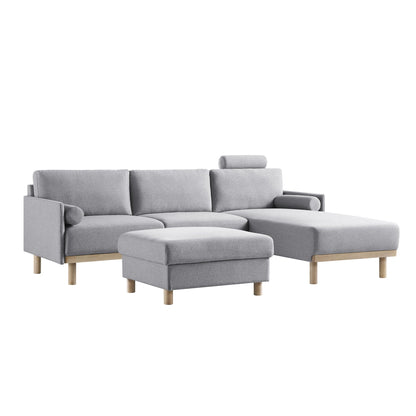 Canapé 3 places en tissu gris chiné, grand canapé méridienne orienté à droite