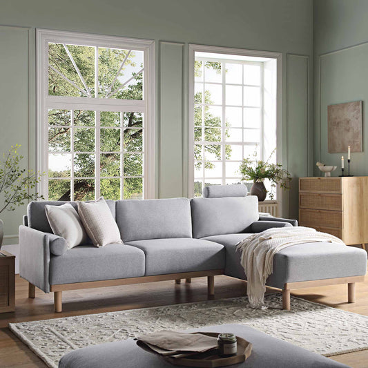 Canapé 3 places en tissu gris chiné, grand canapé méridienne orienté à droite