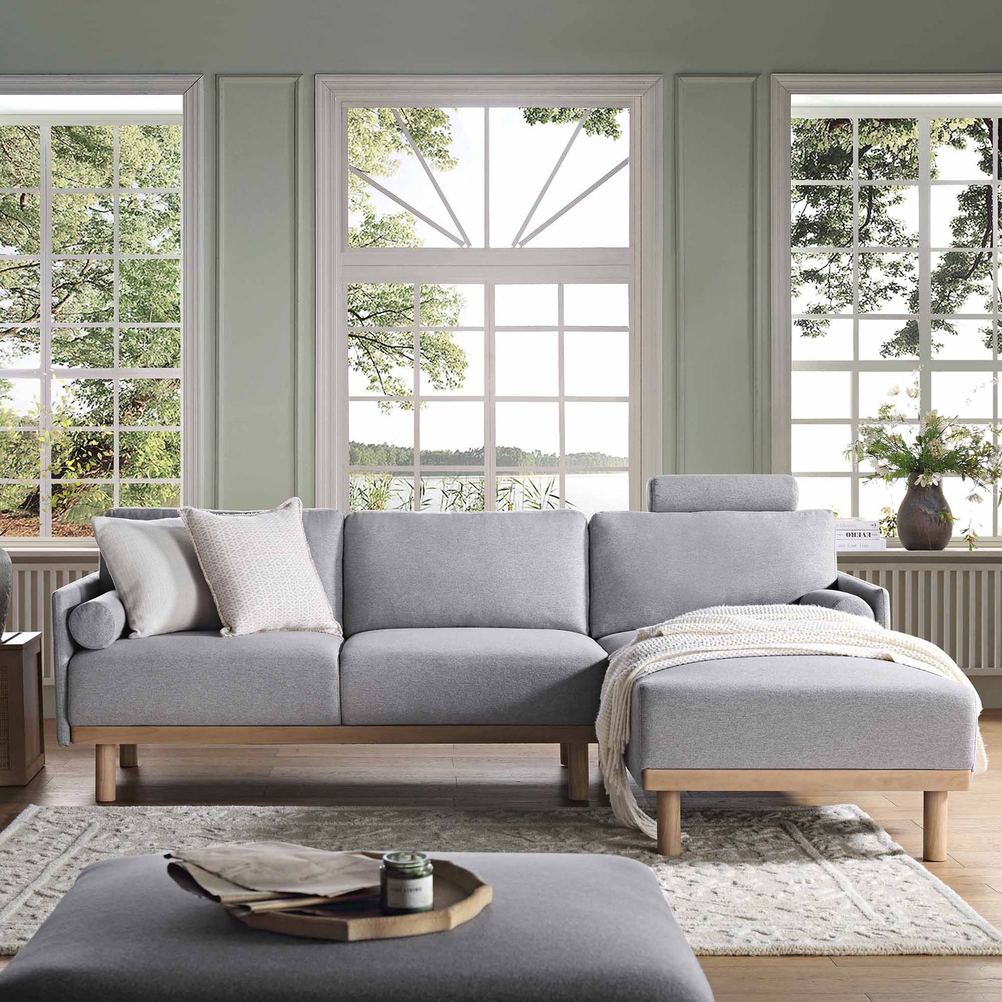 Canapé 3 places en tissu gris chiné, grand canapé méridienne orienté à droite
